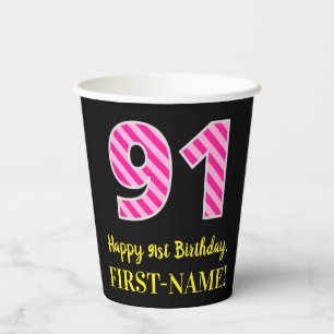 Fun Pink Stripes "91": Happy 91st Birthday + Name Papieren Bekers