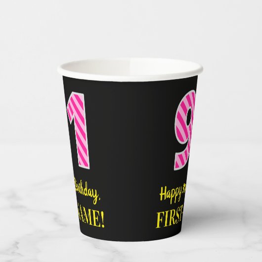 Fun Pink Stripes "91": Happy 91st Birthday + Name Papieren Bekers (Links)