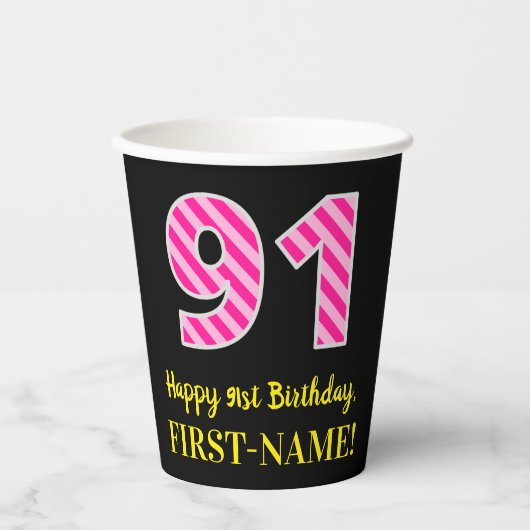 Fun Pink Stripes "91": Happy 91st Birthday + Name Papieren Bekers (Voorkant)