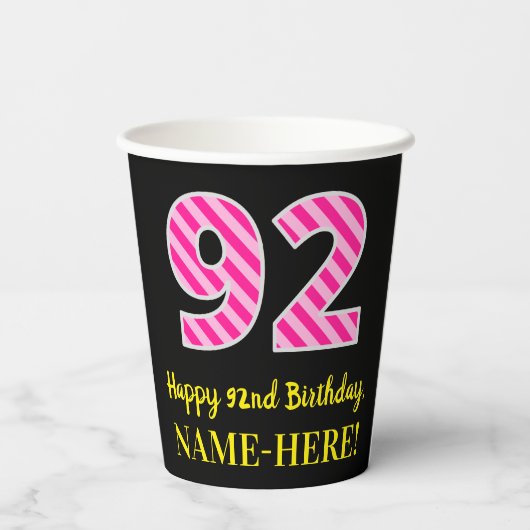 Fun Pink Stripes "92": Happy 92nd Birthday + Name Papieren Bekers (Achterkant)