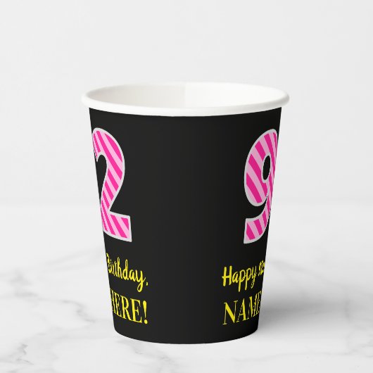 Fun Pink Stripes "92": Happy 92nd Birthday + Name Papieren Bekers (Links)