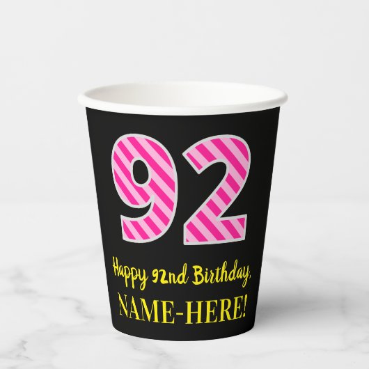 Fun Pink Stripes "92": Happy 92nd Birthday + Name Papieren Bekers (Voorkant)