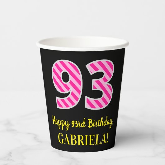 Fun Pink Stripes "93": Happy 93rd Birthday + Name Papieren Bekers (Achterkant)