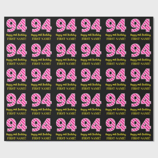 Fun Pink Stripes "94"; Happy 94th Birthday; naam Cadeaupapier (Vlak)