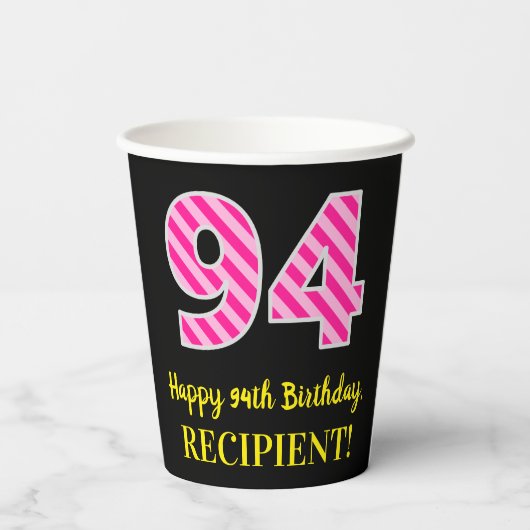 Fun Pink Stripes "94": Happy 94th Birthday + Name Papieren Bekers (Achterkant)