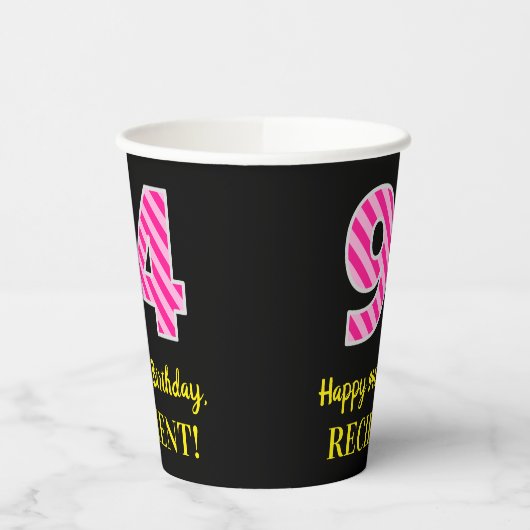 Fun Pink Stripes "94": Happy 94th Birthday + Name Papieren Bekers (Links)