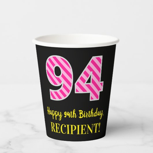 Fun Pink Stripes "94": Happy 94th Birthday + Name Papieren Bekers (Voorkant)