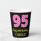 Fun Pink Stripes "95": Happy 95th Birthday + Name Papieren Bekers (Achterkant)