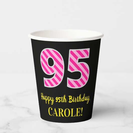 Fun Pink Stripes "95": Happy 95th Birthday + Name Papieren Bekers (Voorkant)