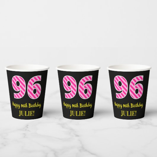 Fun Pink Stripes "96": Happy 96th Birthday + Name Papieren Bekers (Multi)