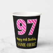 Fun Pink Stripes "97": Happy 97th Birthday + Name Papieren Bekers (Achterkant)