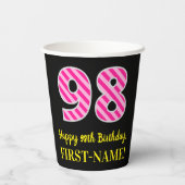 Fun Pink Stripes "98": Happy 98th Birthday + Name Papieren Bekers (Achterkant)