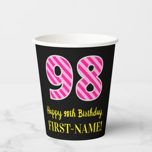 Fun Pink Stripes "98": Happy 98th Birthday + Name Papieren Bekers (Voorkant)