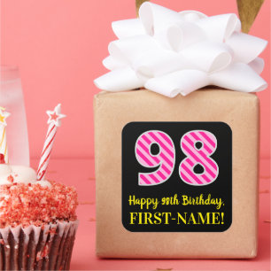 Fun Pink Stripes "98": Happy 98th Birthday + Name Vierkante Sticker