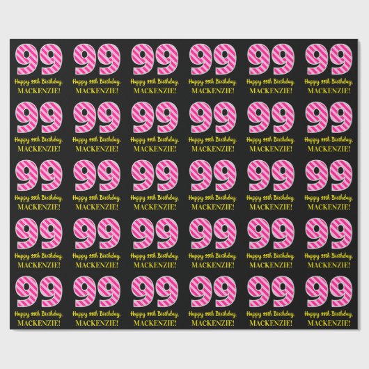 Fun Pink Stripes "99"; Happy 99th Birthday; naam Cadeaupapier (Vlak)