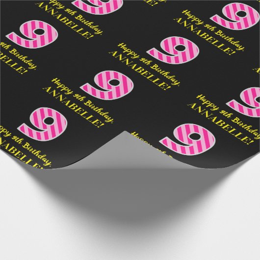 Fun Pink Stripes "9"; Happy 9th Birthday; naam Cadeaupapier (Hoek)