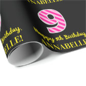 Fun Pink Stripes "9"; Happy 9th Birthday; naam Cadeaupapier (Rol Hoek)