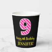 Fun Pink Stripes "9": Happy 9th Birthday + Name Papieren Bekers (Voorkant)