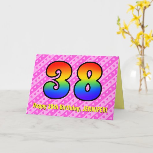 Fun Pink Stripes, Hearts, Regenboog # 38th Birthda Kaart (Gele Bloem)