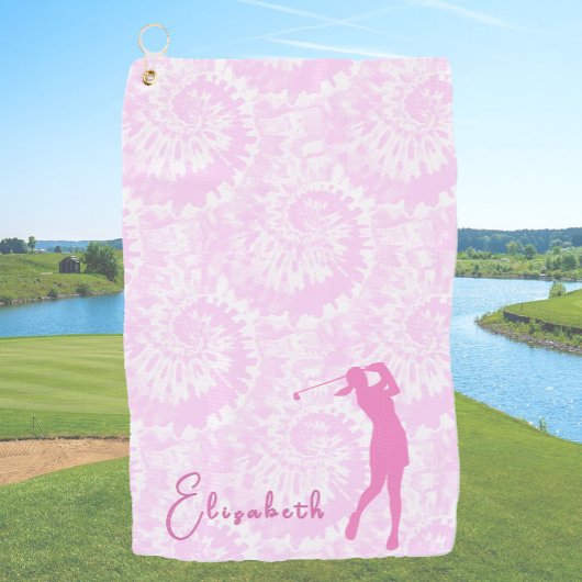 Fun Pink Tie Dye Lady Golfer Custom Name Golfhanddoek