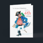 Fun Pirate 4e Verjaardag Kaart voor kleinzoon<br><div class="desc">Een 4e verjaardag Kaart voor een zeer speciale kleinzoon,  met een vrolijke piraat en zijn papegaai,  van een aquarel schilderij van Judy Adamson. U kunt de binnentekst bewerken als u dat wilt.</div>