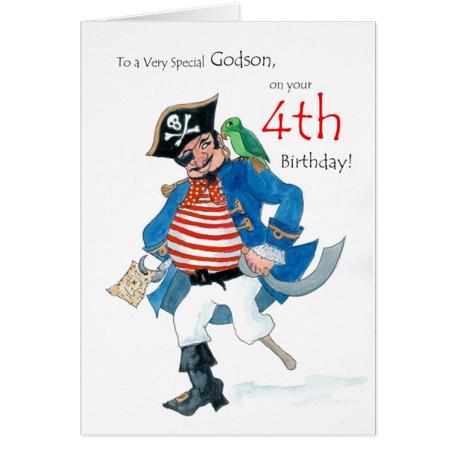 Fun Pirate 4th Birthday Card for Godson (Voorkant)