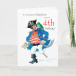 Fun Pirate 4th Birthday Card for Grandson Kaart<br><div class="desc">Een 4de Birthday-kaart voor een zeer speciale kleinzoon,  met een jolly piraat en zijn papegaai,  van een schilderij van Judy Adamson in de waterverf. U kunt de binnentekst desgewenst bewerken.</div>