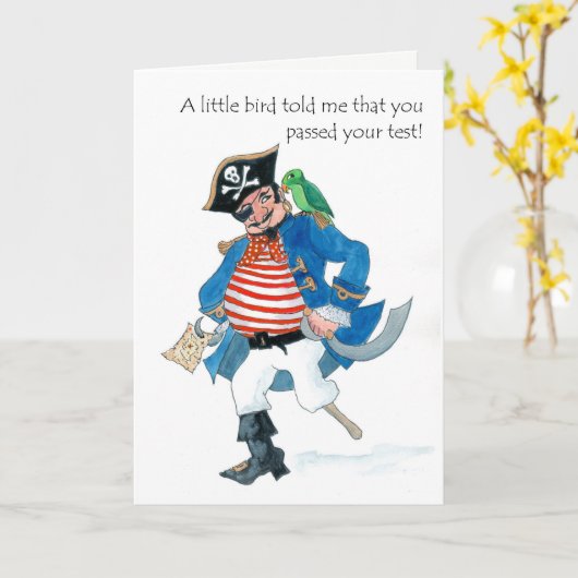 Fun Pirate en Parrot Geslaagd Test Gefeliciteerd Kaart (Gele Bloem)