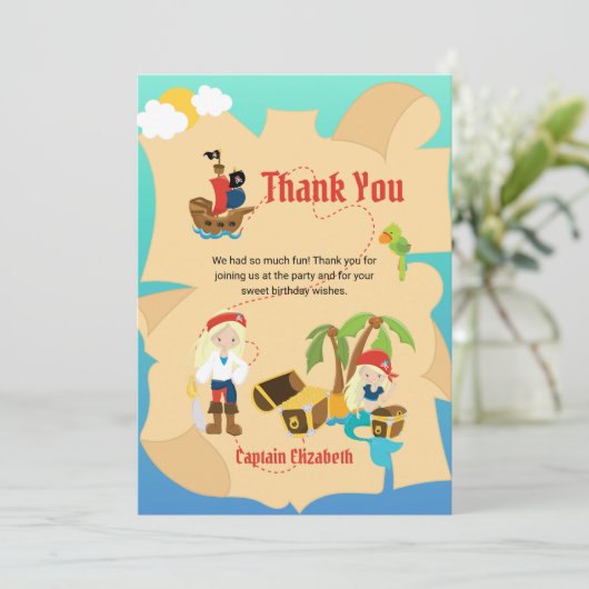 Fun Pirate Girl Mermaid Treasure Map op maat Bedankkaart (Staand voorkant)