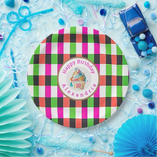 Fun Plaid Roze en Groen | Cupcake Papieren Bordje (Feest)