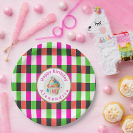 Fun Plaid Roze en Groen | Cupcake Papieren Bordje