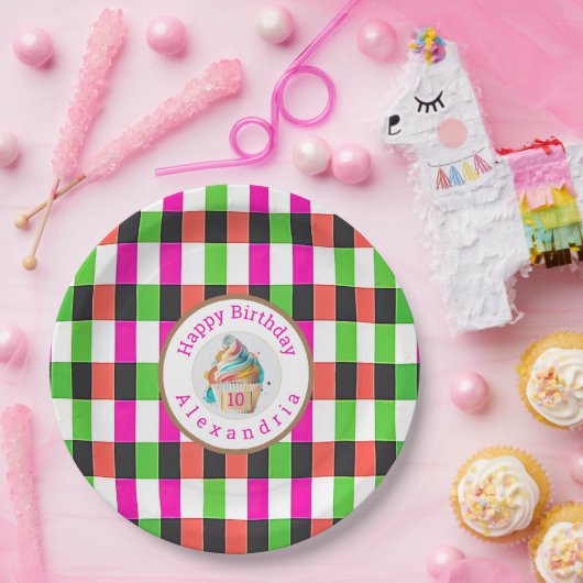 Fun Plaid Roze en Groen | Cupcake Papieren Bordje (Feest)