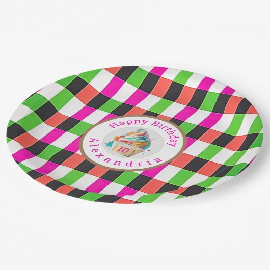 Fun Plaid Roze en Groen | Cupcake Papieren Bordje (Gekanteld)