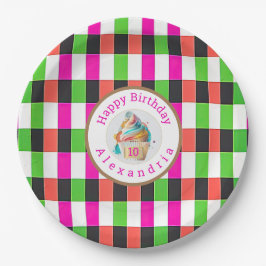 Fun Plaid Roze en Groen | Cupcake Papieren Bordje