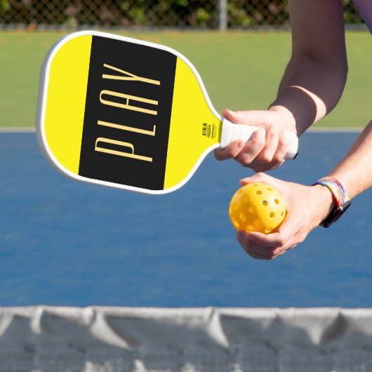 Fun PLAY Text Vivid Yellow Black Center Stripes Pickleball Paddle (Insitu)