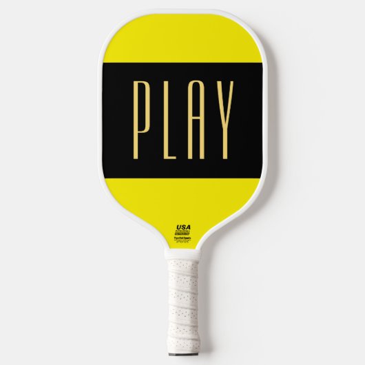 Fun PLAY Text Vivid Yellow Black Center Stripes Pickleball Paddle (Voorkant)