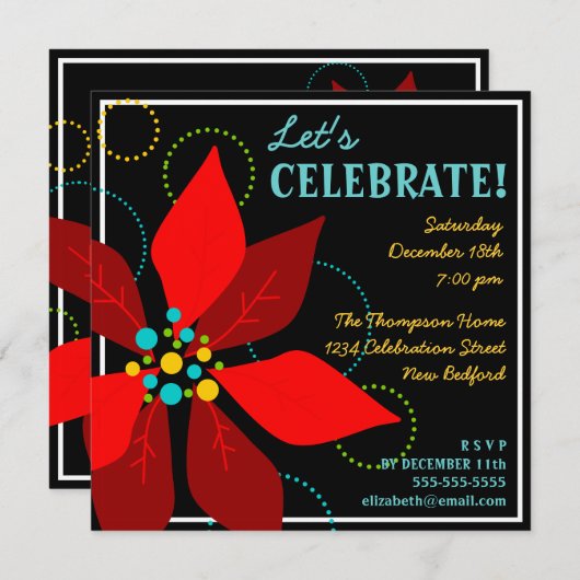 Fun Poinsettia Retro Holiday Party Uitnodiging (Voorkant / Achterkant)