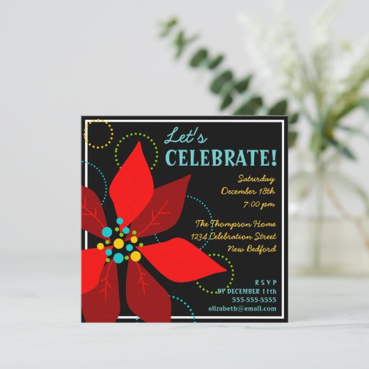 Fun Poinsettia Retro Holiday Party Uitnodiging (Staand voorkant)