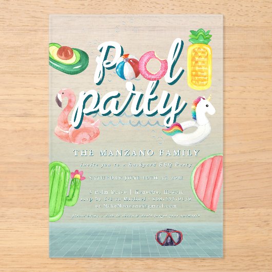 Fun Pool Floaties | poolparty Acryl Uitnodigingen (Voorkant)