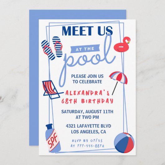 Fun Pool Party 68e verjaardag uitnodigingen Zomer (Voorkant / Achterkant)