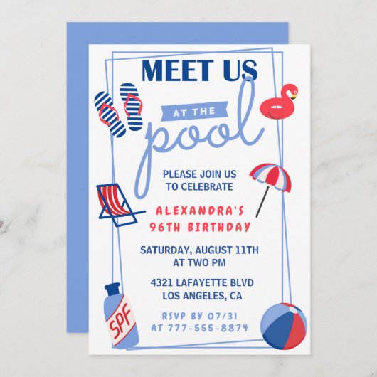 Fun Pool Party 96e verjaardag uitnodigingen Zomer (Voorkant / Achterkant)