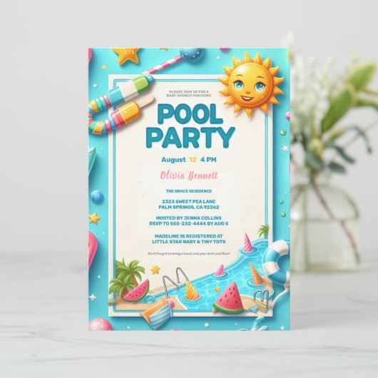 Fun Pool Party Baby shower met Schattigee zomerpic Aankondiging (Staand voorkant)