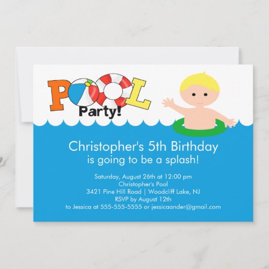 Fun Pool Party Birthday Invitation Blonde Boy Kaart (Voorkant)