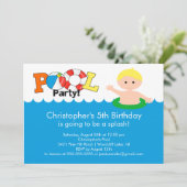 Fun Pool Party Birthday Invitation Blonde Boy Kaart (Staand voorkant)