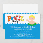 Fun Pool Party Birthday Invitation Blonde Boy Kaart (Voorkant / Achterkant)