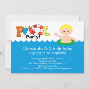 Fun Pool Party Birthday Invitation Blonde Boy Kaart