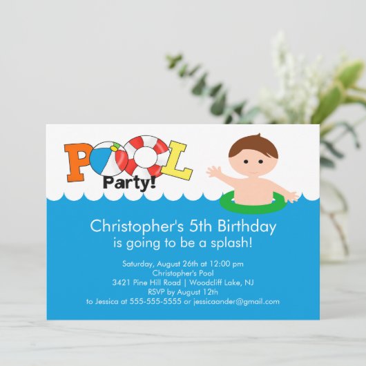 Fun Pool Party Birthday Invitation Boy Kaart (Staand voorkant)