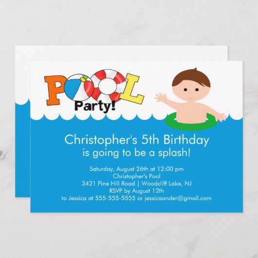 Fun Pool Party Birthday Invitation Boy Kaart (Voorkant / Achterkant)
