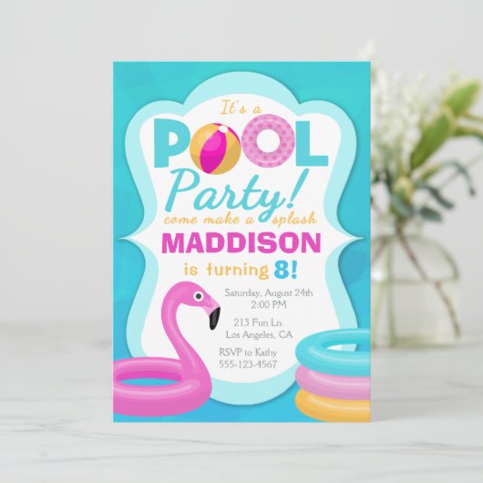 Fun Pool Party Inflatable Birthday Invitation Kaart (Staand voorkant)