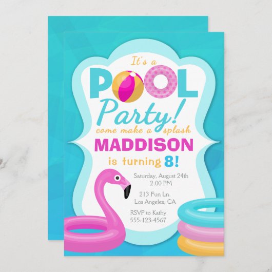 Fun Pool Party Inflatable Birthday Invitation Kaart (Voorkant / Achterkant)